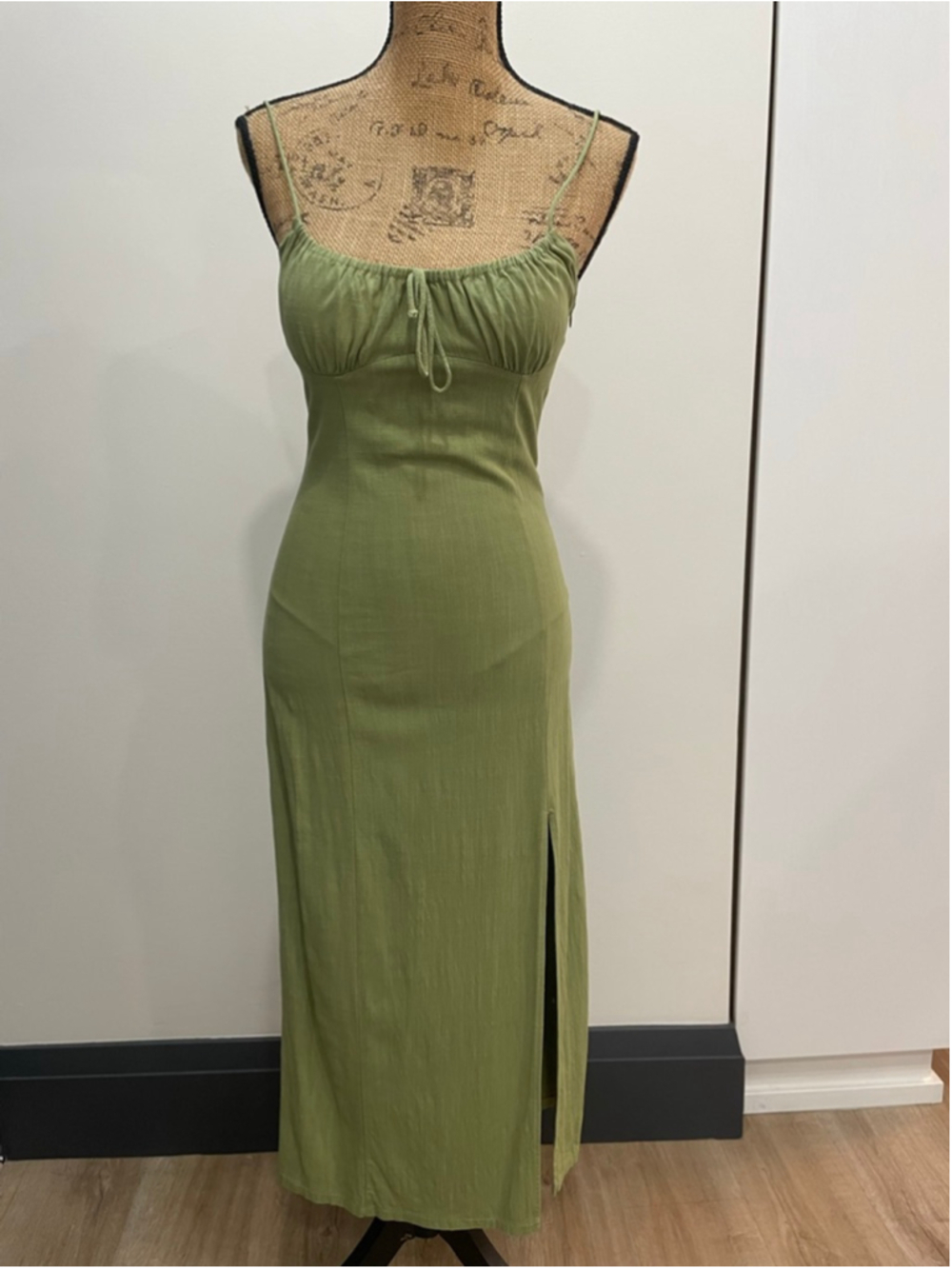 ZARA Green Maxi Dress S Milkmaid Slit Minimalist Feminine